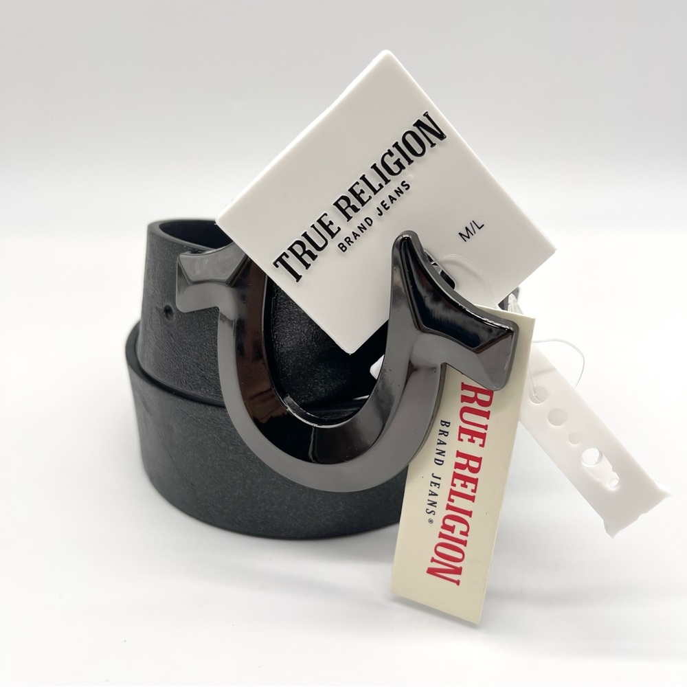 True Religion Horse Shoe Logo Buckle Black Shimmer Belt M/L– New Without Box - Picture 2 of 6